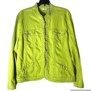 Chico’s Platinum lime green denim jacket w/ruffle lapel Chico’s 3/US 16 | bb1